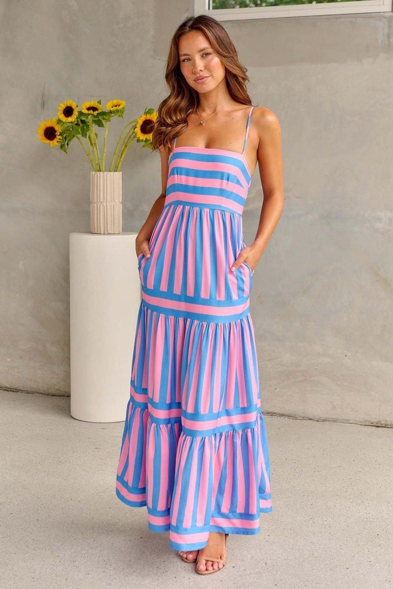 marina – striped maxi sundress with spaghetti straps & tiered skirt