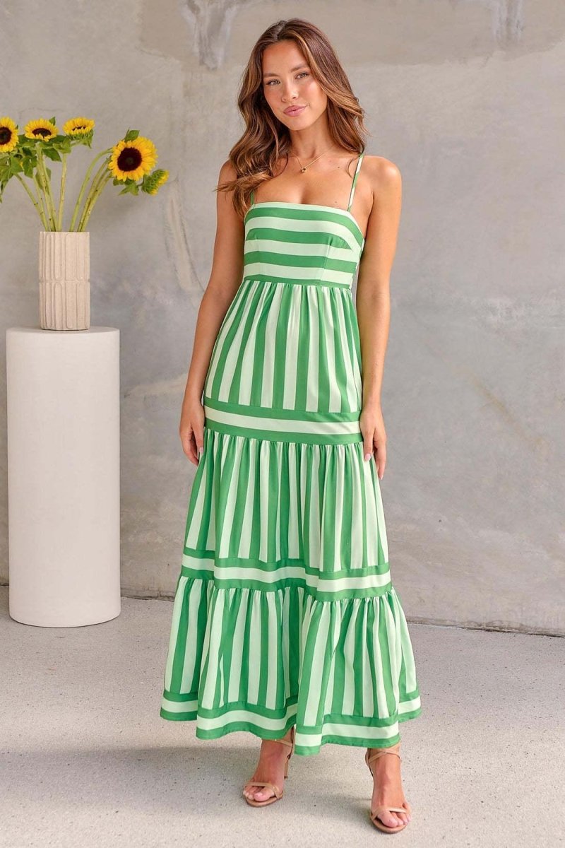 marina – striped maxi sundress with spaghetti straps & tiered skirt
