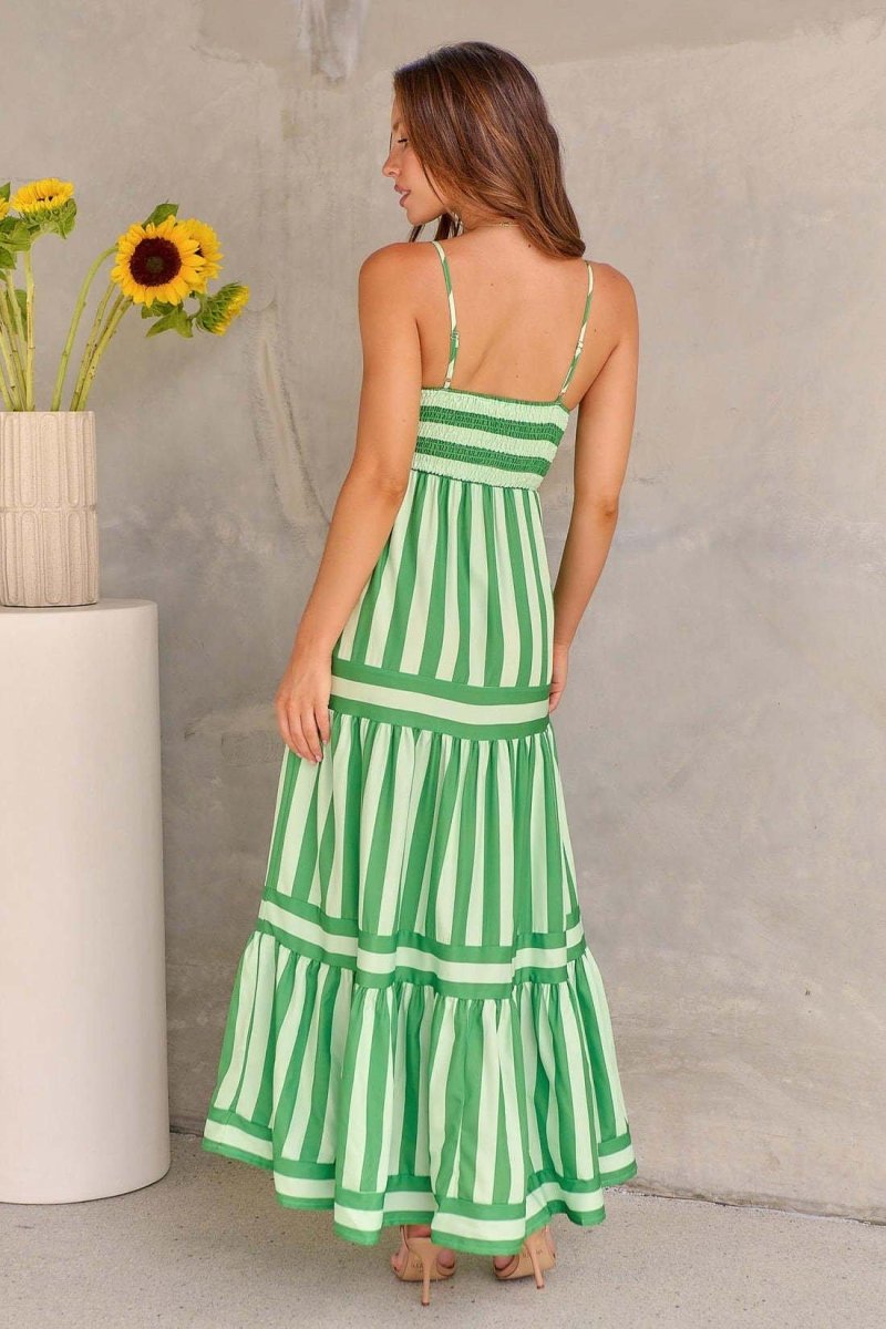 marina – striped maxi sundress with spaghetti straps & tiered skirt