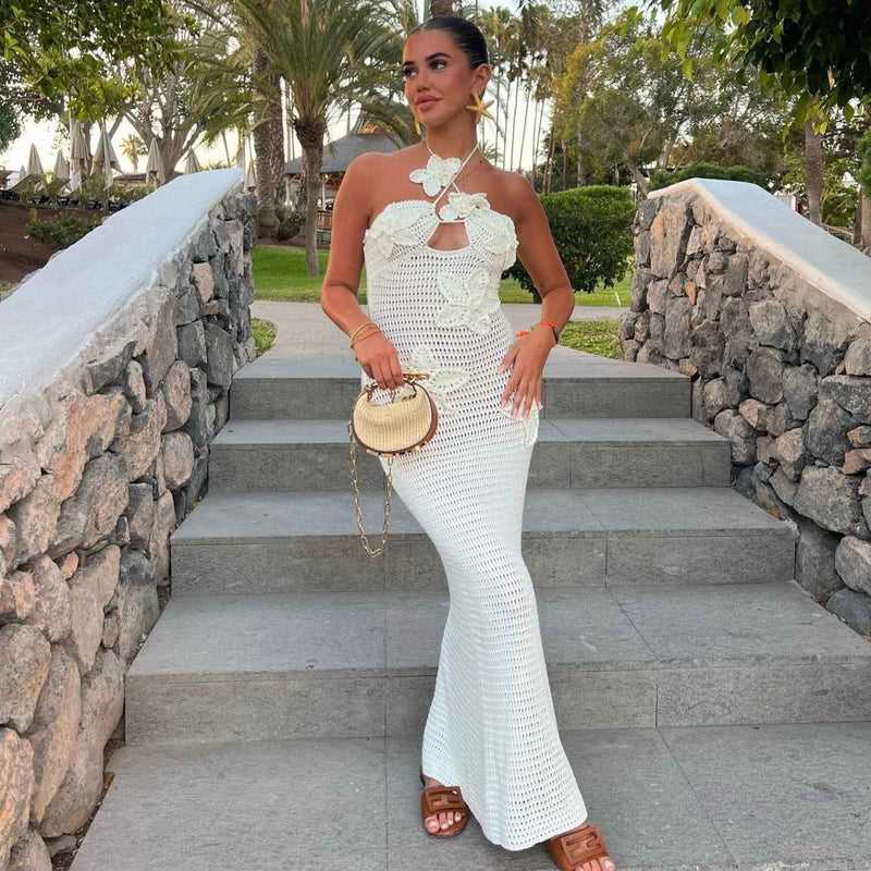 maris – crocheted maxi dress with 3D flowers & halter neck