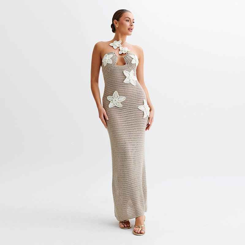 maris – crocheted maxi dress with 3D flowers & halter neck