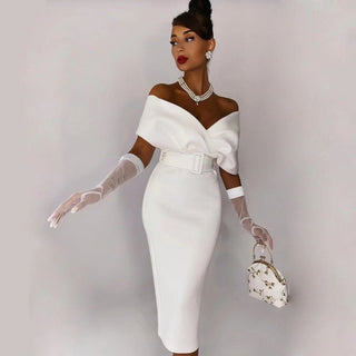 Marlena – Schulterfreies Etuikleid mit Taillengürtel & V - Wickelausschnitt - Cecile LavelleWeiß