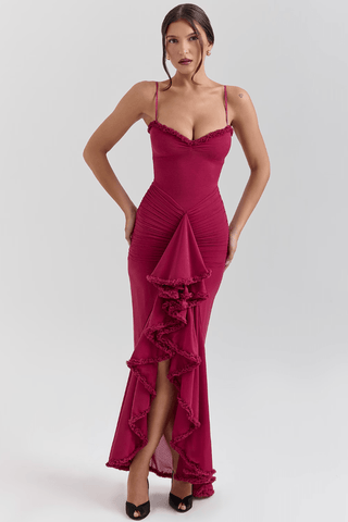 Maxi Abendkleid Langarm Rüschen - Cecile LavelleRot