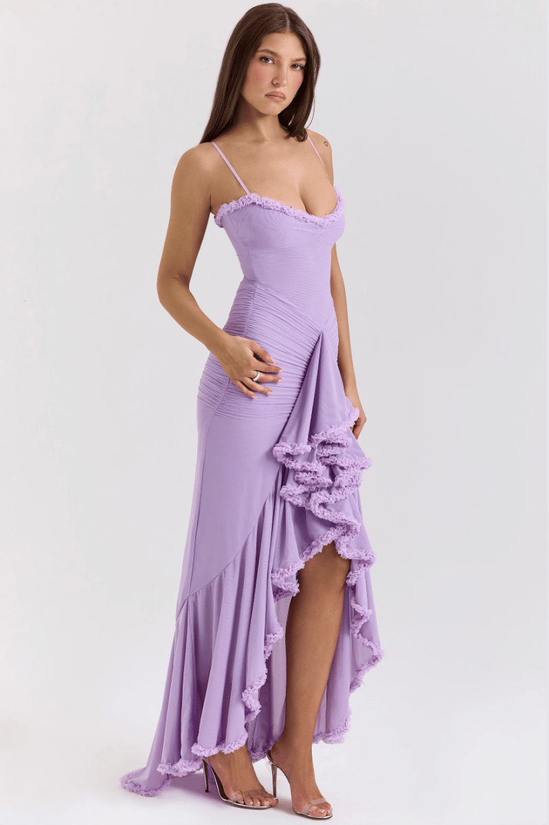Long-Sleeve Maxi Evening Dress with Ruffles