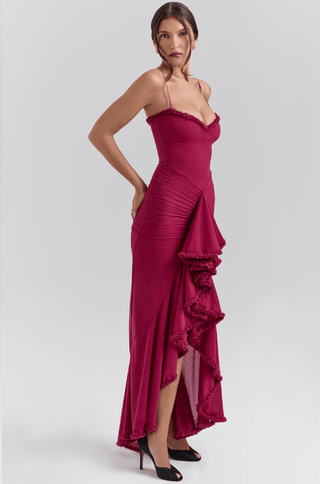 Maxi Abendkleid Langarm Rüschen - Cecile LavelleRot