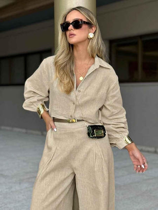maya – leinen - zweiteiler mit oversize - hemd und weiter high - waist - hose - Cecile LavelleBeige