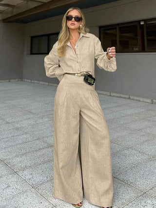 maya – leinen - zweiteiler mit oversize - hemd und weiter high - waist - hose - Cecile LavelleBeige