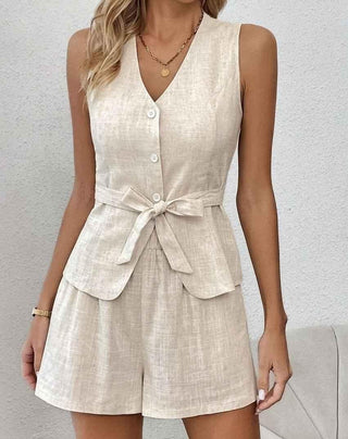 Mira – Ärmelloses Set aus Baumwolle mit Bindegürtel - Cecile LavelleBeige