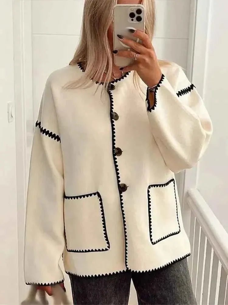 Mira – Women's Knit Jacket with Contrast Seams & Button Placket