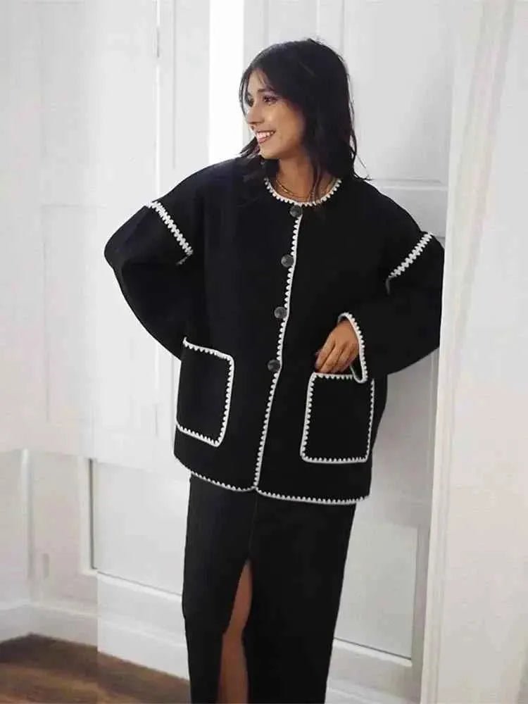 Mira – Women's Knit Jacket with Contrast Seams & Button Placket