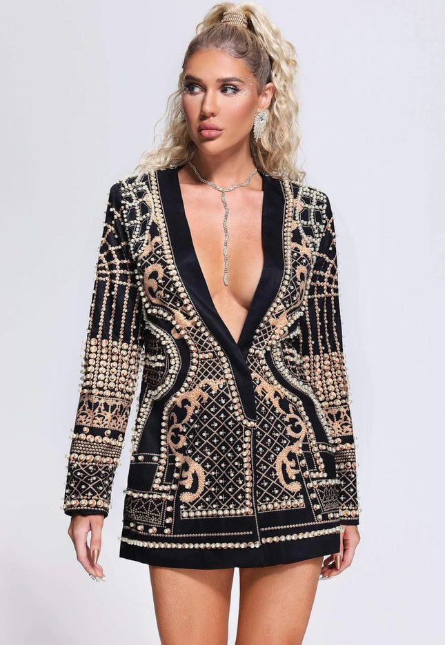 noa – blazer-minikleid mit perlenstickerei & tiefem ausschnitt