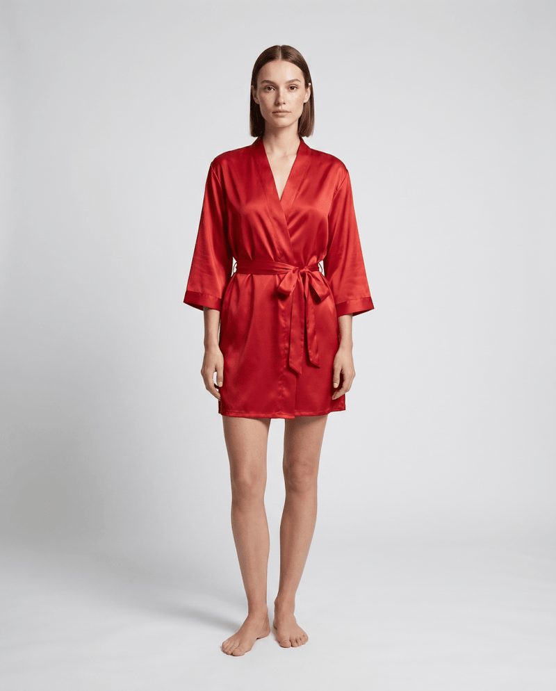 Short women's bathrobe with tie belt