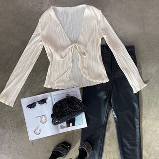 Noa – Plissee - Bluse mit Bindeschleife und Volantkante - Cecile LavelleBeige