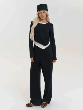 Noelle – Zweiteiliges Lounge Set mit Kontrastbund & weitem Bein - Cecile LavelleSchwarz