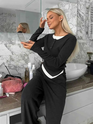 Noelle – Zweiteiliges Lounge Set mit Kontrastbund & weitem Bein - Cecile LavelleSchwarz