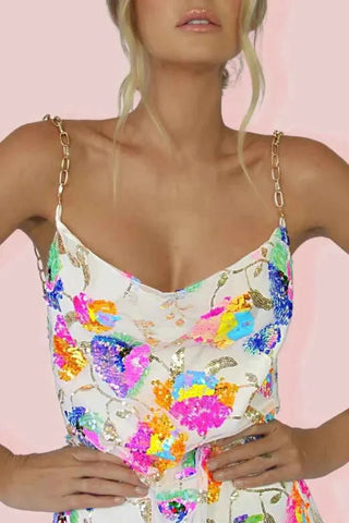 noemi – pailletten minikleid mit ketten - trägern und blumenmuster - Cecile LavelleWeiss