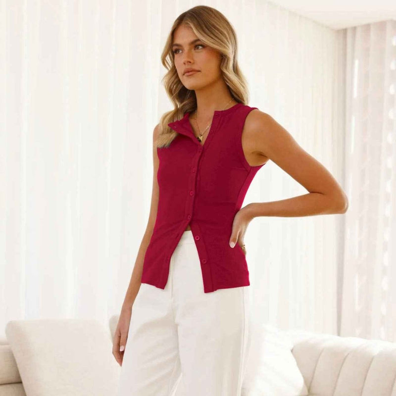 Nora – Sleeveless Shirt Top with Button Placket and Collar