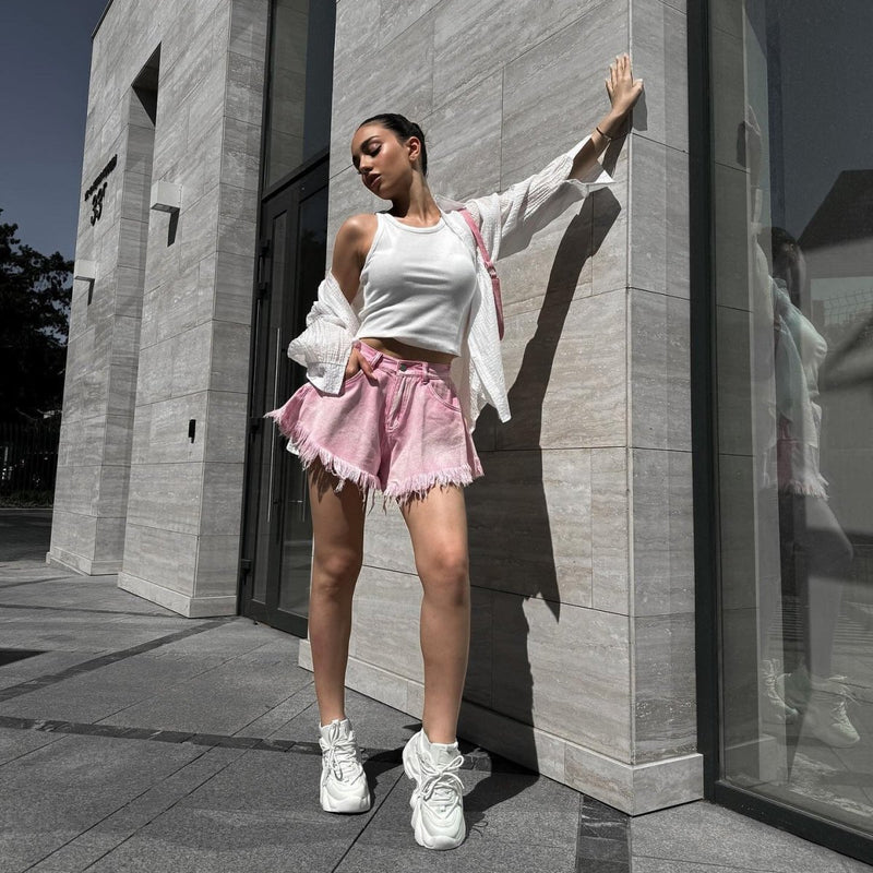 Nova - French Denim Mini Shorts in Pink