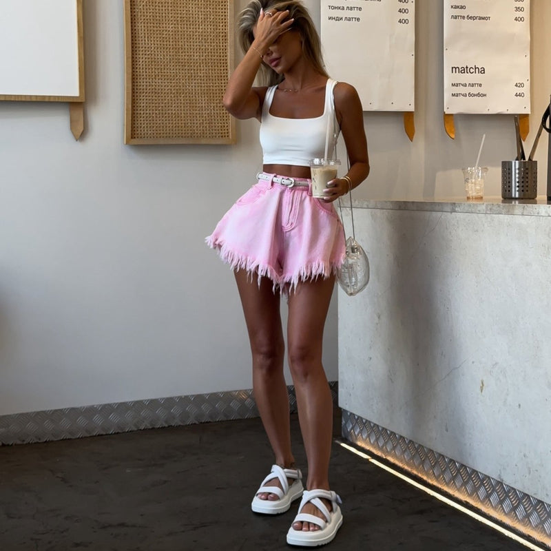Nova - French Denim Mini Shorts in Pink