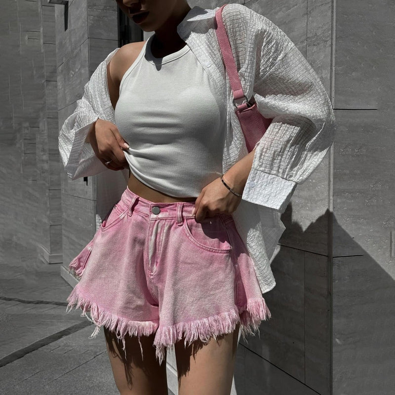 Nova - French Denim Mini Shorts in Pink