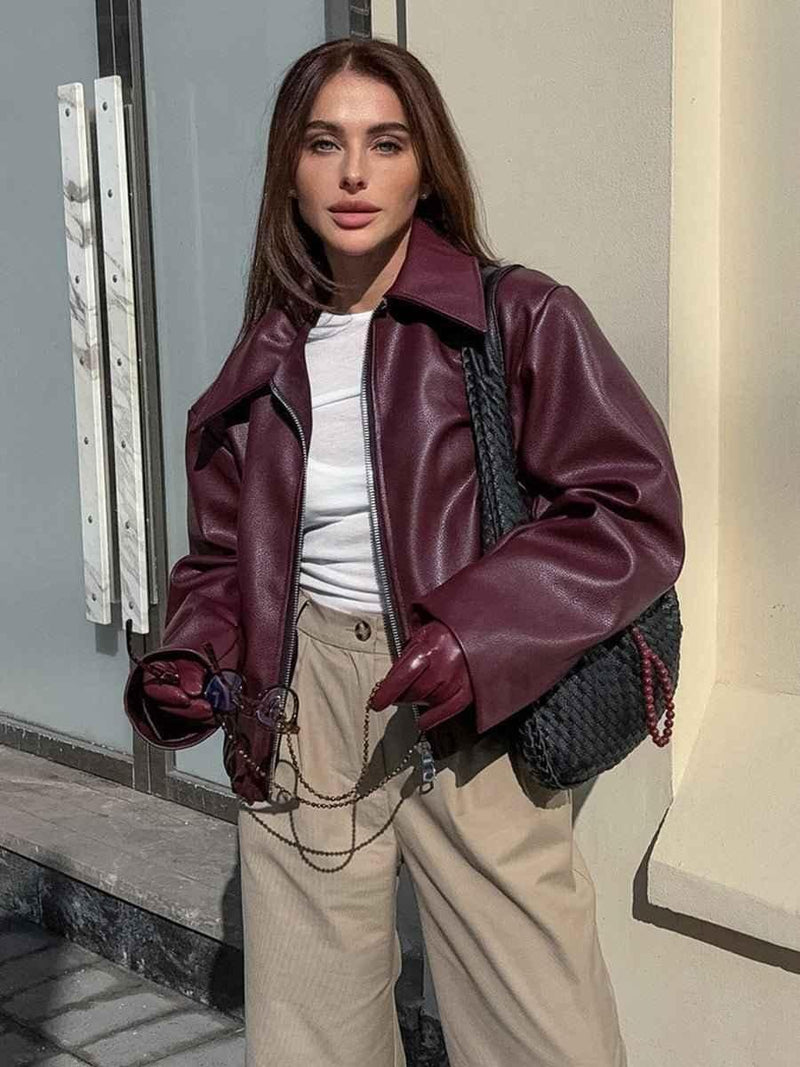 Nova – Oversized Faux Leather Jacket in Dark Red with Zipper