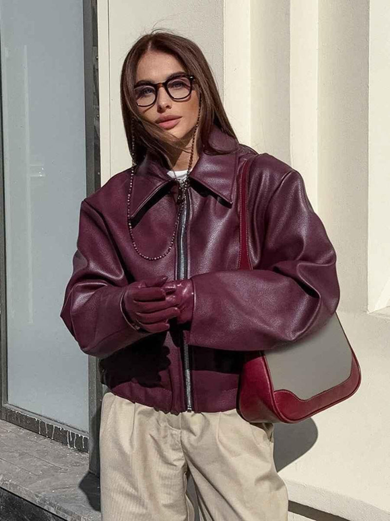Nova – Oversized Faux Leather Jacket in Dark Red with Zipper