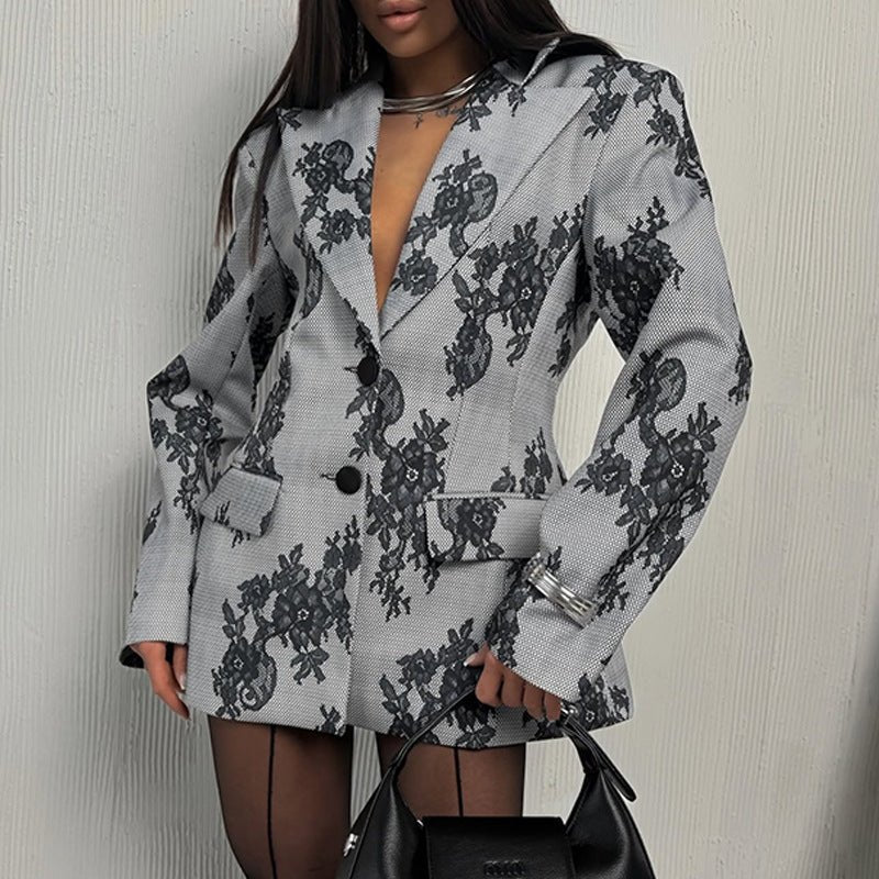 Oversized Women's Blazer with Floral Pattern