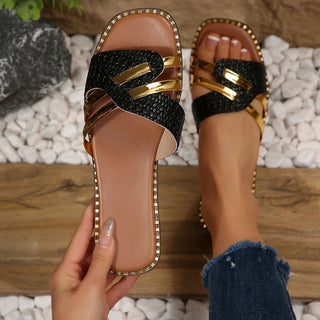 Pantoletten Damen flach mit Riemen und Nieten - Cecile LavelleSilber