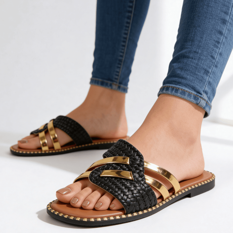 Flat women's sandals with straps and studs