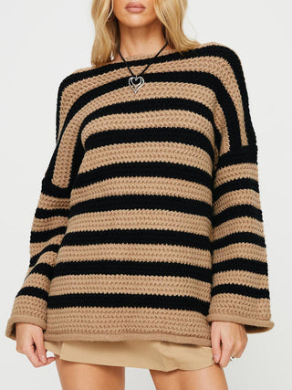Pullover Damen Oversized Streifen in Khaki