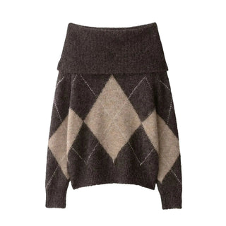 Pullover Damen Schulterfrei Argyle-Muster