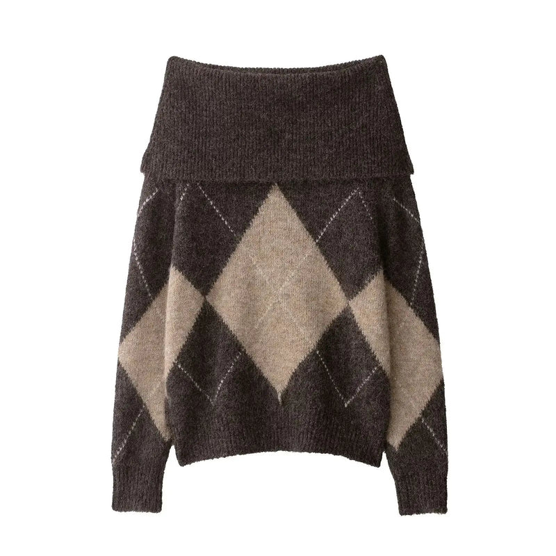 Off shoulder-stickad tröja med argylemönster för dam