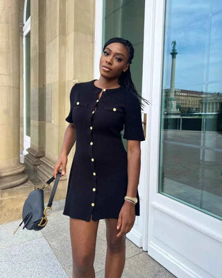 Ribbed Mini Dress with Button Placket | Figure-Hugging Knit Dress for Women | Fitted Short Sleeve Dress