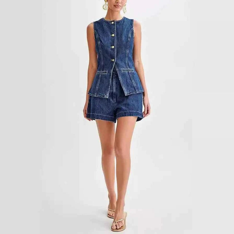 romy – sleeveless denim two-piece with fitted vest & shorts