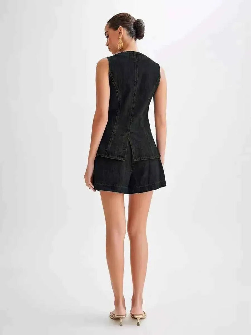 romy – sleeveless denim two-piece with fitted vest & shorts