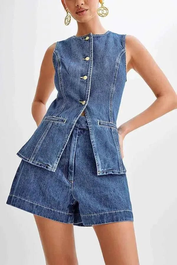 romy – sleeveless denim two-piece with fitted vest & shorts