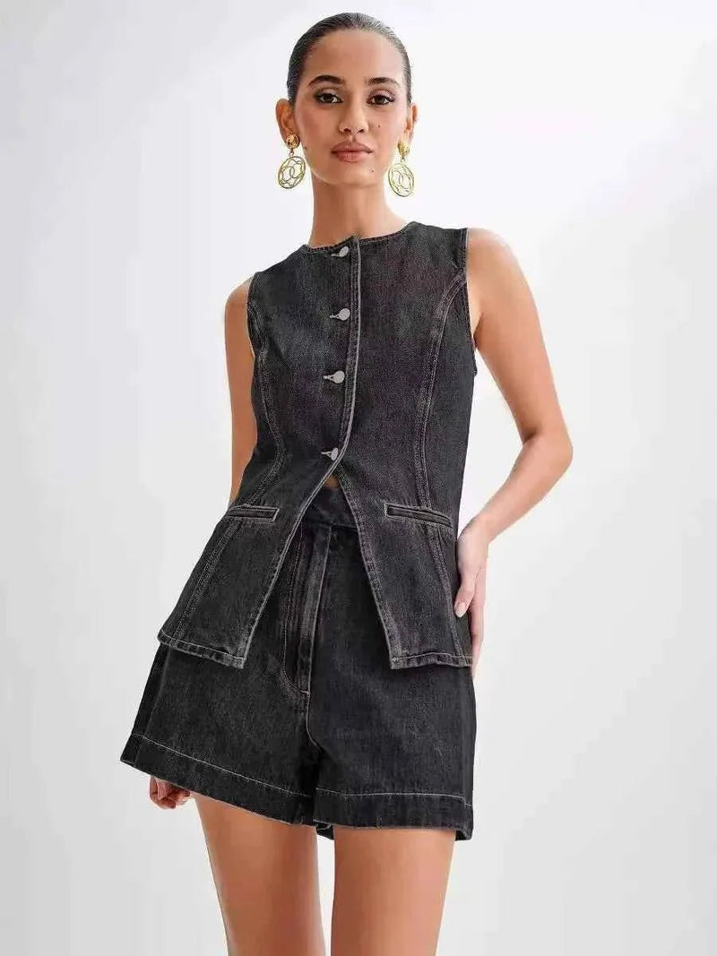 romy – sleeveless denim two-piece with fitted vest & shorts