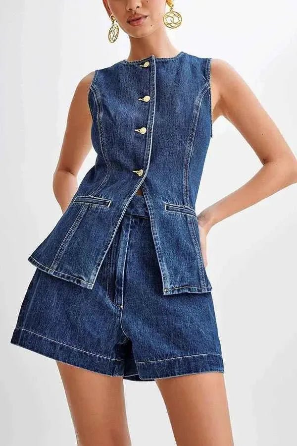romy – sleeveless denim two-piece with fitted vest & shorts