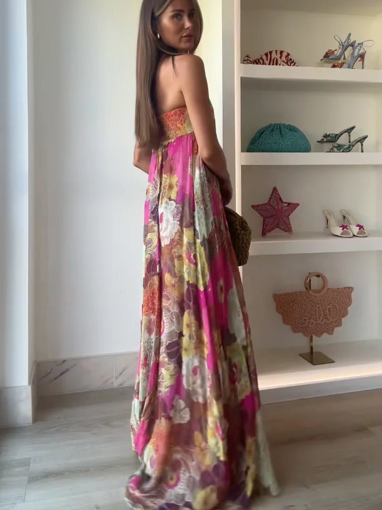 Rosa Florales Strapless Long Summer Dress