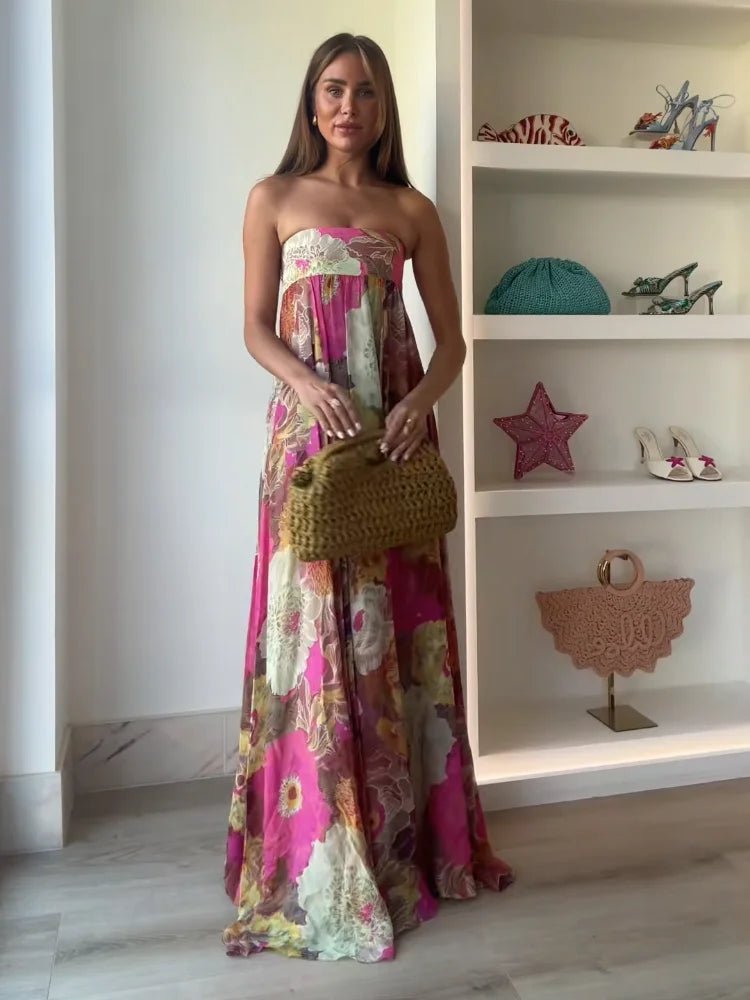 Rosa Florales Strapless Long Summer Dress