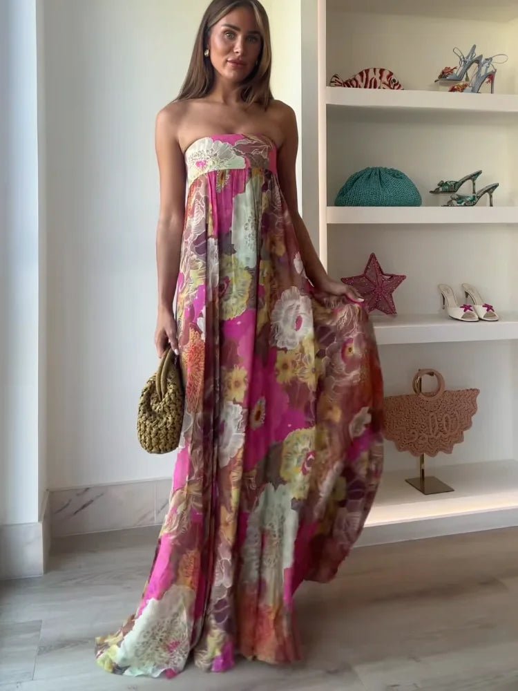 Rosa Florales Strapless Long Summer Dress