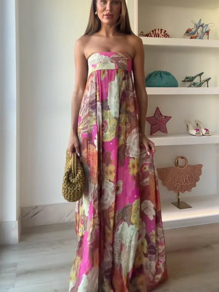 Rosa Florales Strapless Long Summer Dress