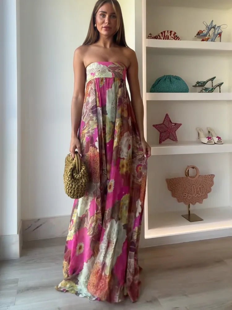 Rosa Florales Strapless Long Summer Dress