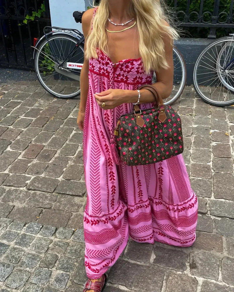 Rosa Sommer Boho Maxi Dress with Pattern