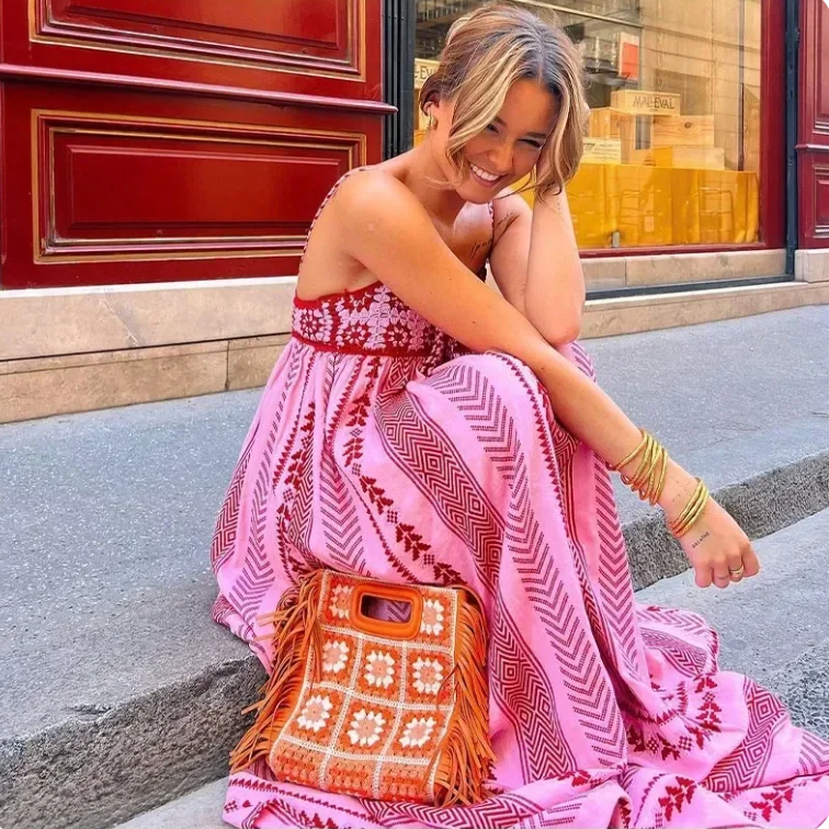 Rosa Sommer Boho Maxi Dress with Pattern