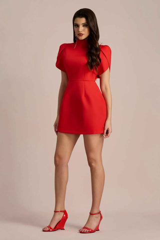 Lorena – Rotes Mini-Kleid mit Stehkragen, Rückenausschnitt & Schleife