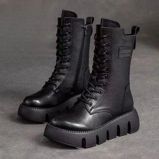 Schnürstiefel Damen mit Dicker Sohle in Schwarz