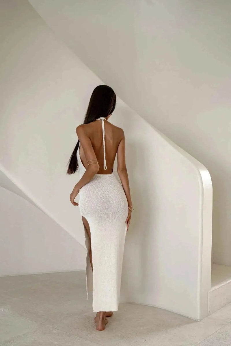 Selena – Knitted backless maxi dress with deep back neckline, high slit, and spaghetti straps