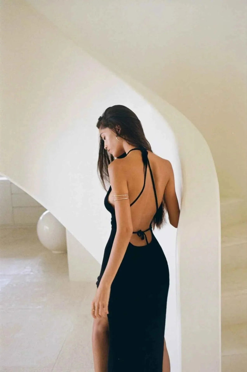 Selena – Knitted backless maxi dress with deep back neckline, high slit, and spaghetti straps