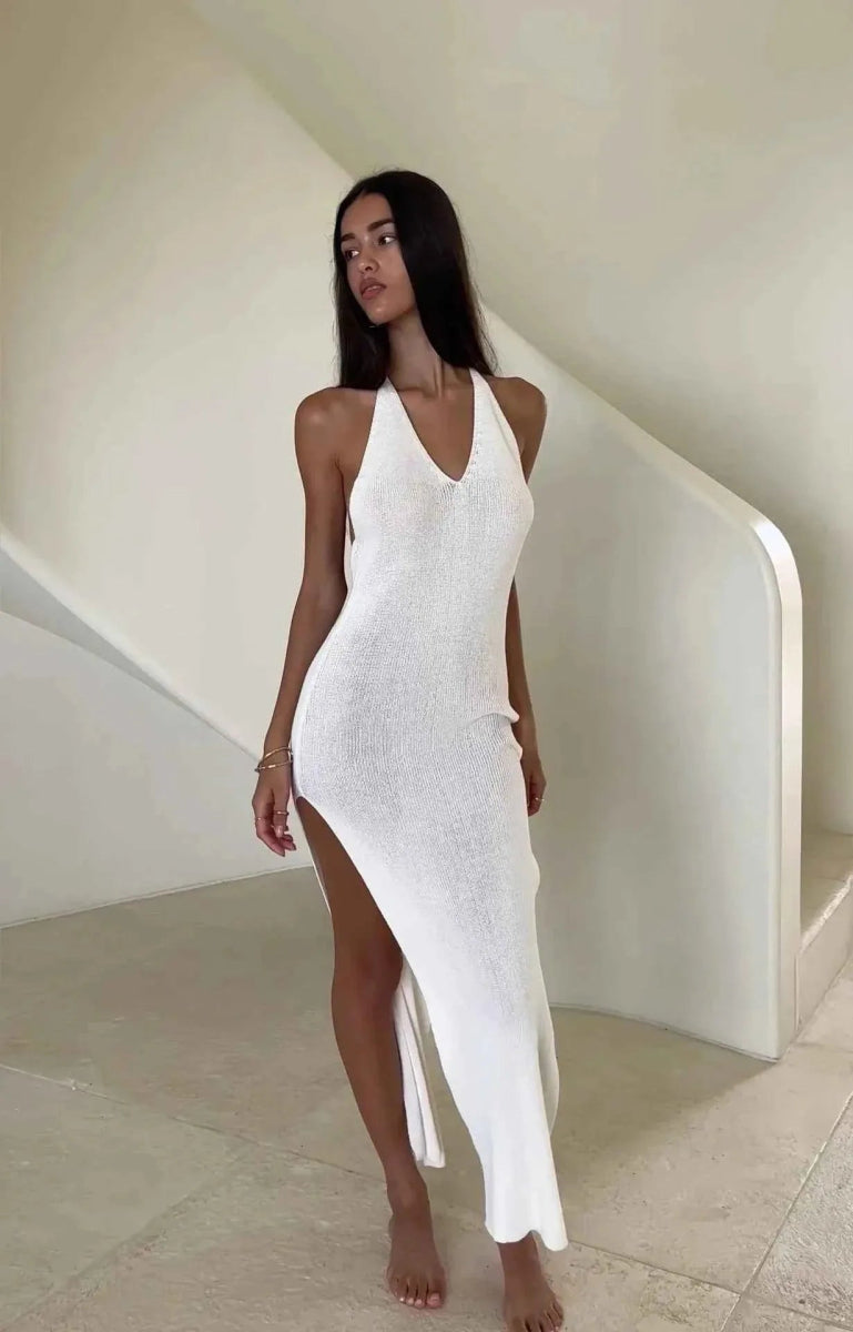 Selena – Knitted backless maxi dress with deep back neckline, high slit, and spaghetti straps